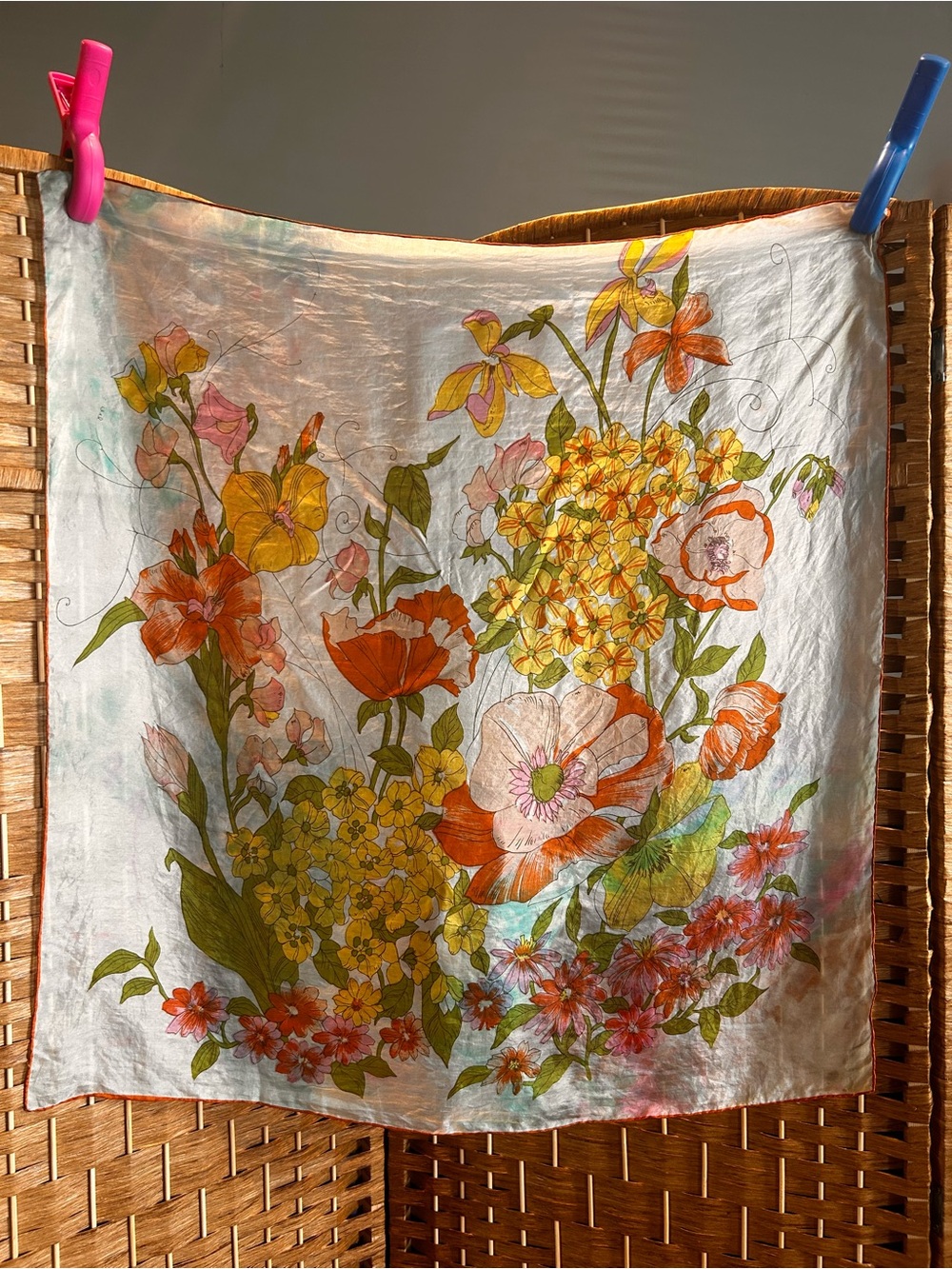 Vintage Silk Feel Scarf Watercolor Floral Botanical Rolled Edge Cottagecore 29”